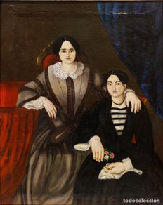 Arte: RETRATO ISABELINO DE DOS MUJERES, 1850-60'S. Óleo sobre tela 77x97cm.